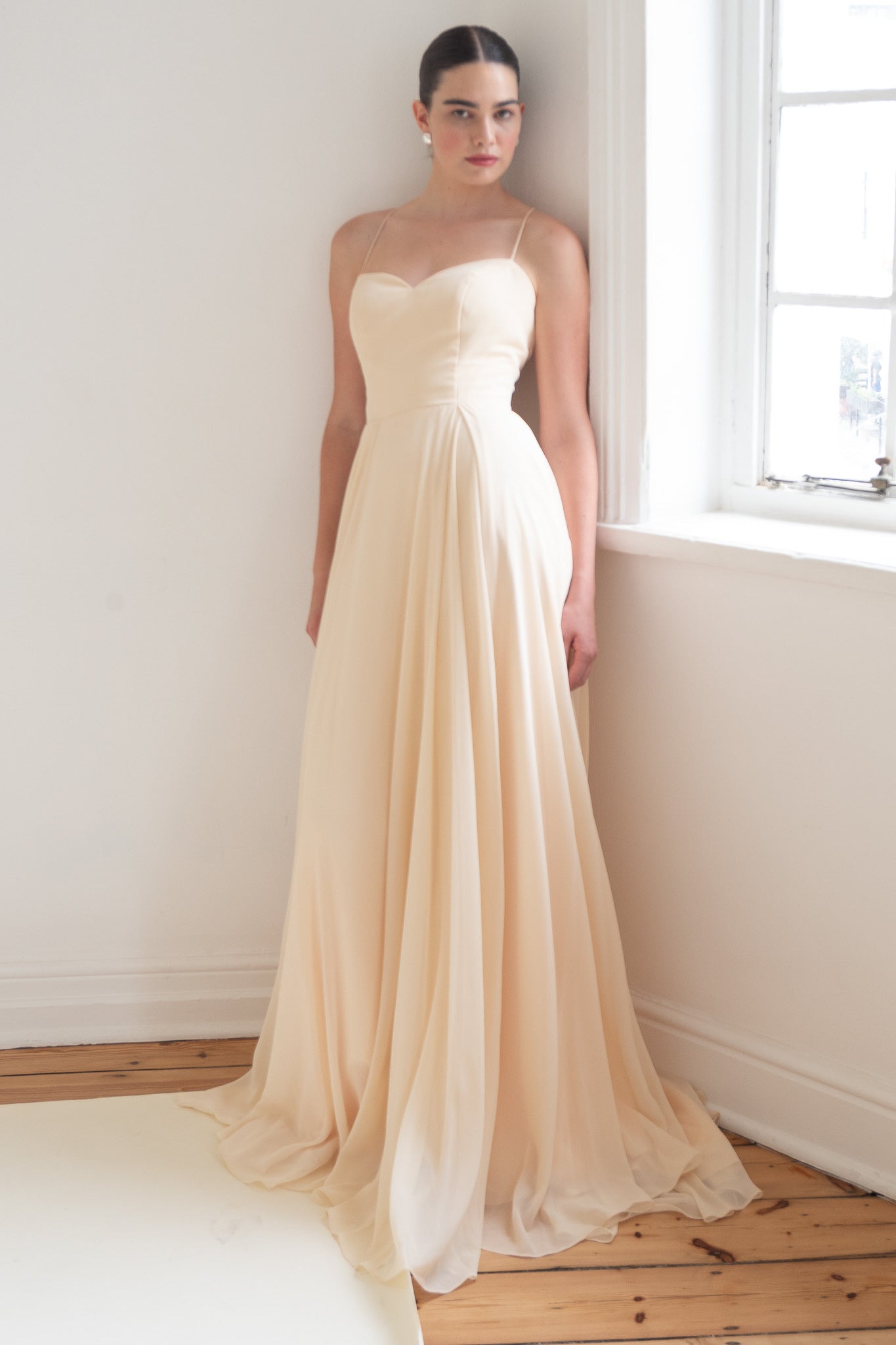 Scarlett Fashion Aeris chiffon gown in soft blush, pre-loved and available for resale as elegant sustainable occasionwear.