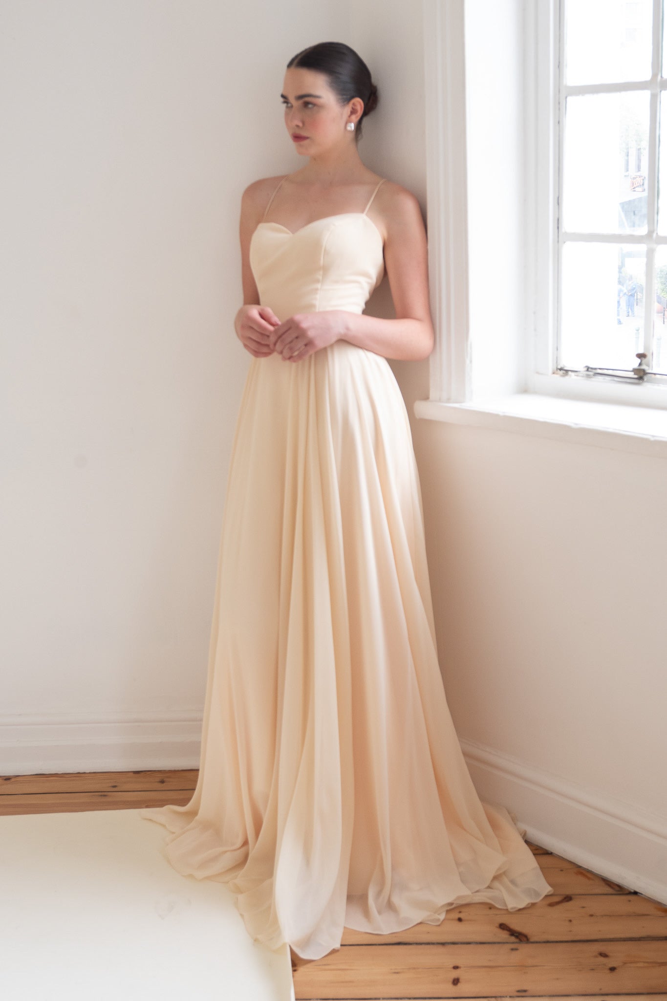Scarlett Fashion Aeris chiffon gown in soft blush, pre-loved and available for resale as elegant sustainable occasionwear.
