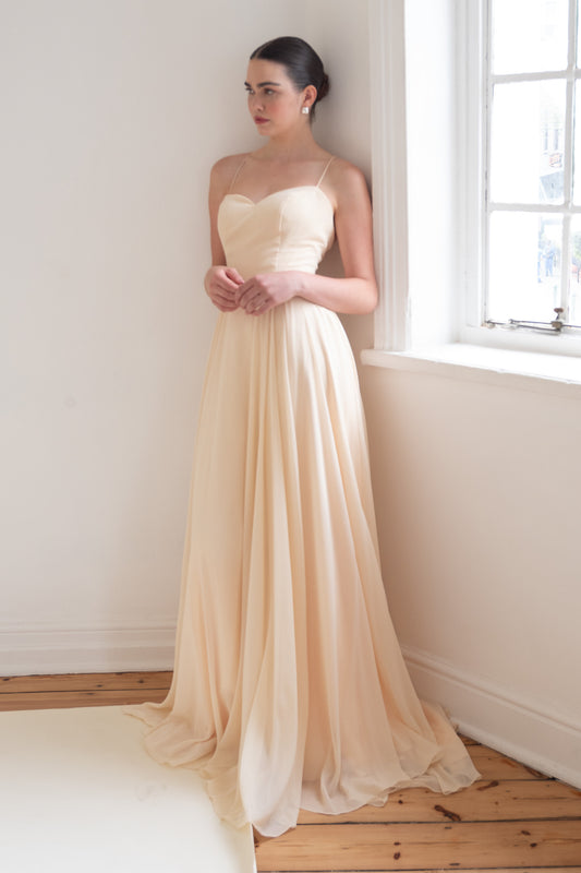 Scarlett Fashion Aeris chiffon gown in soft blush, pre-loved and available for resale as elegant sustainable occasionwear.