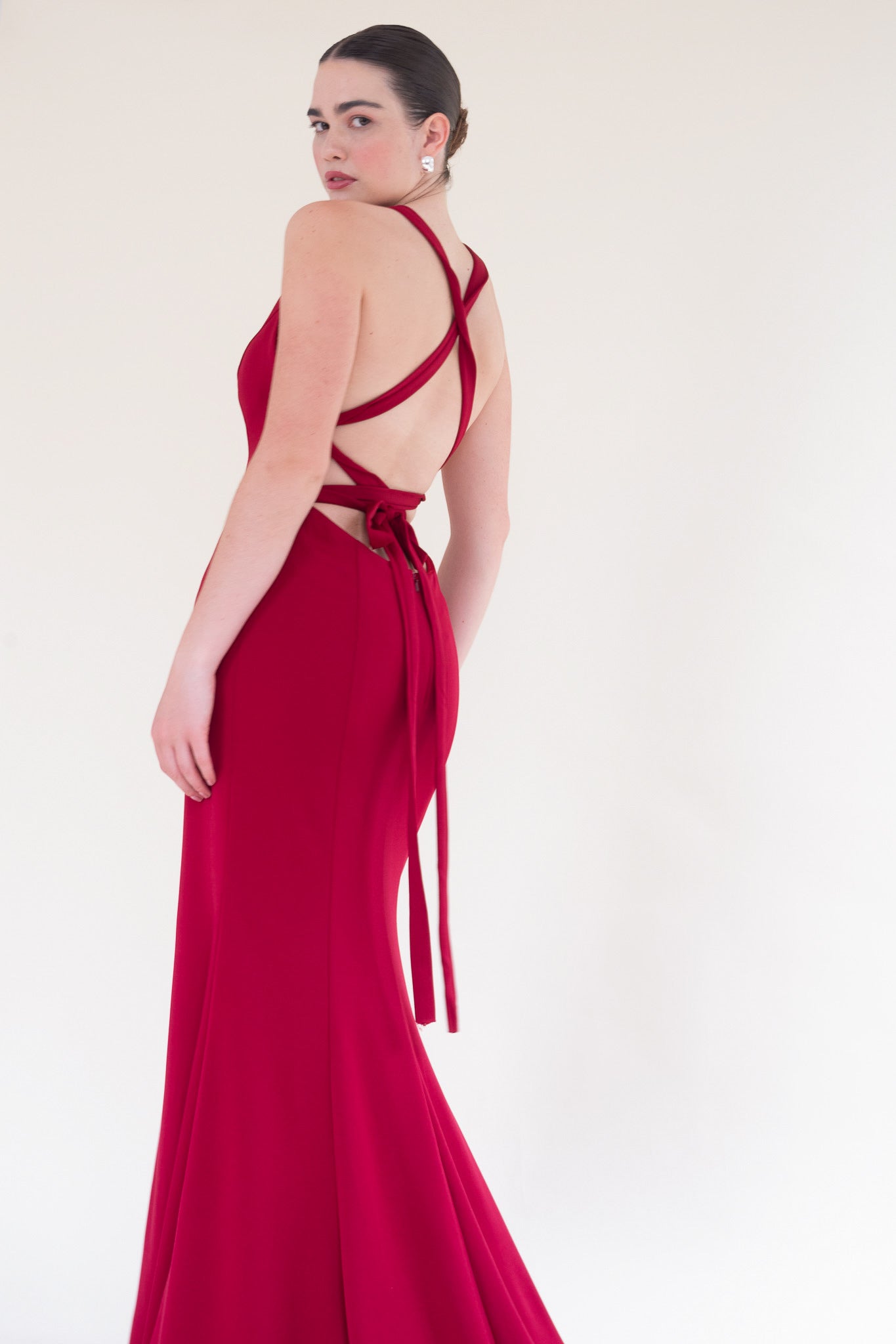 Scarlett Fashion Amren gown with deep V-neckline and mermaid silhouette, pre-loved and available for resale as elegant sustainable occasionwear.