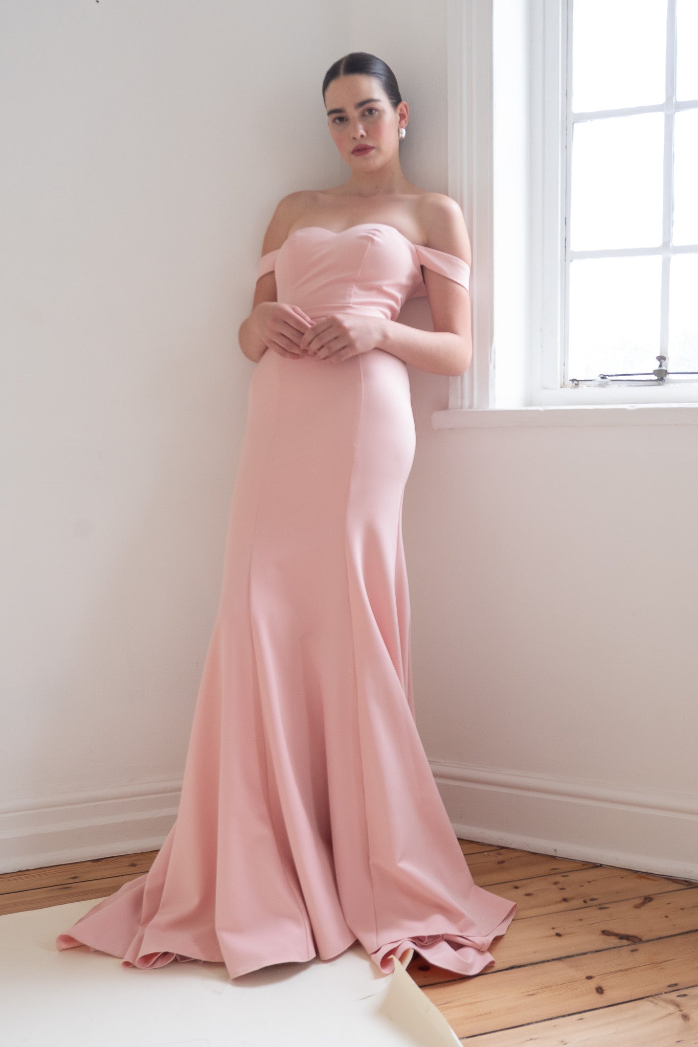 Scarlett Fashion Morigan gown in blush pink with off-the-shoulder sleeves and lace bodice, pre-loved and available for resale as elegant sustainable occasionwear.