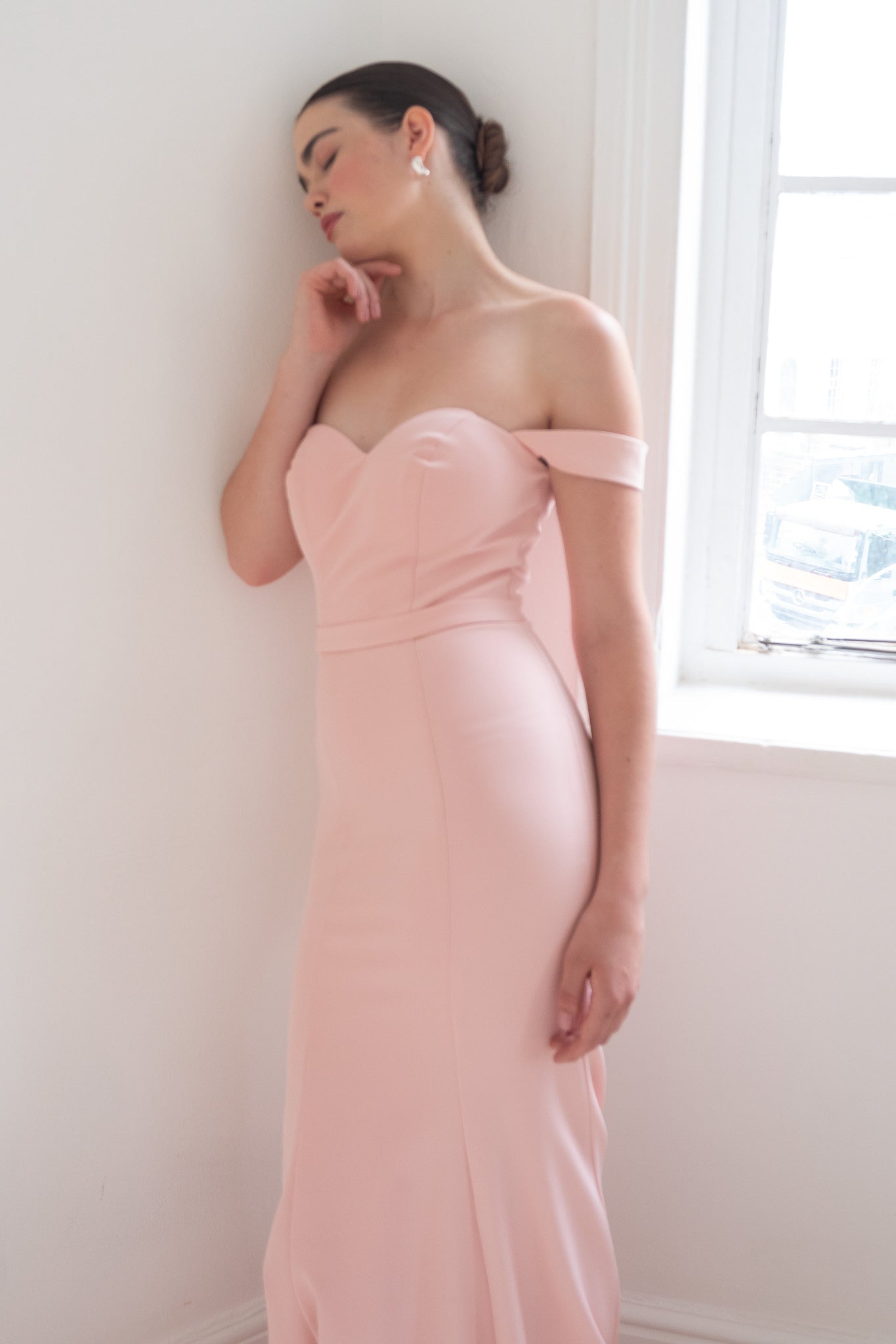 Scarlett Fashion Morigan gown in blush pink with off-the-shoulder sleeves and lace bodice, pre-loved and available for resale as elegant sustainable occasionwear.