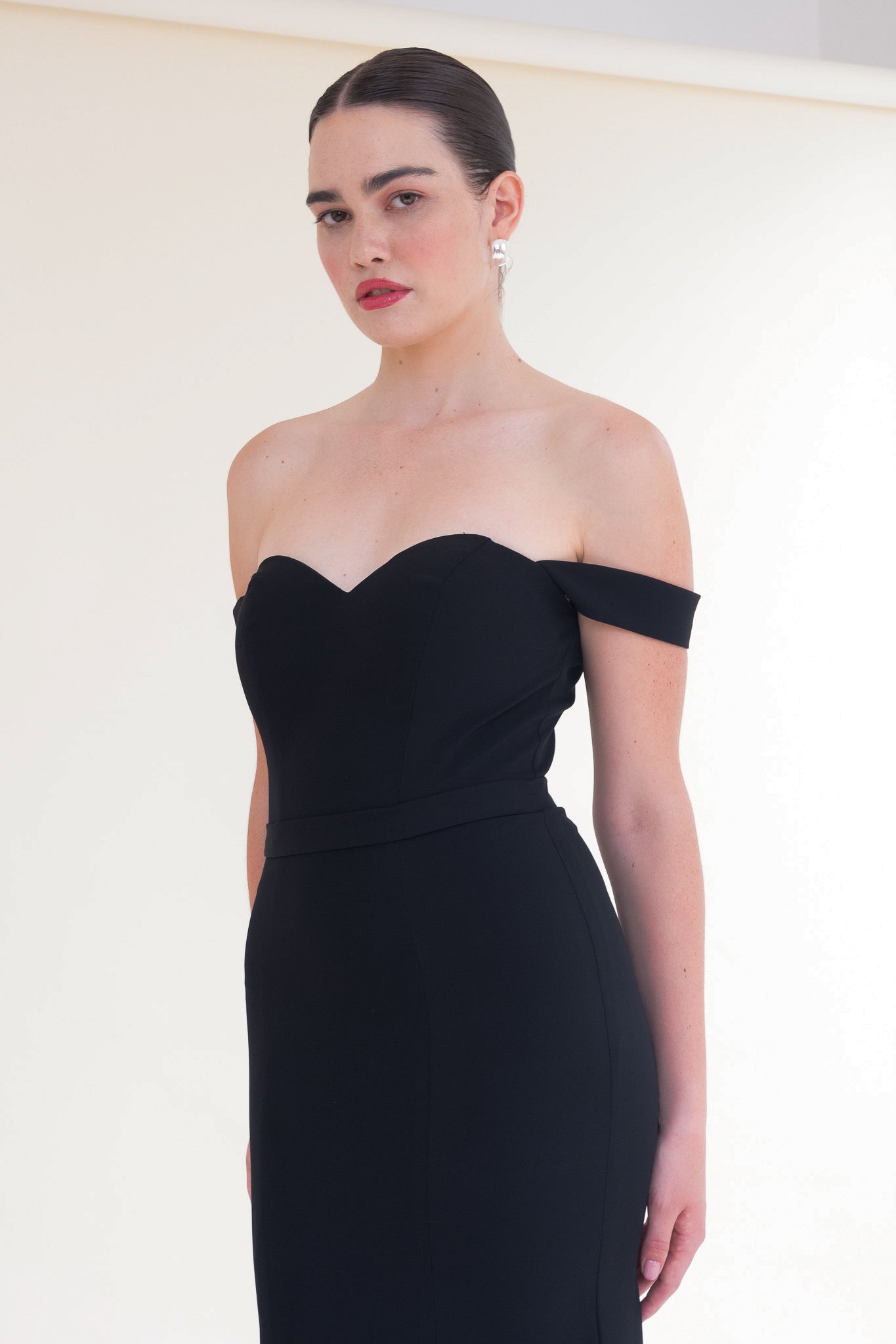 Scarlett Fashion Morigan gown in black with off-the-shoulder sleeves and lace bodice, pre-loved and available for resale as elegant sustainable occasionwear.