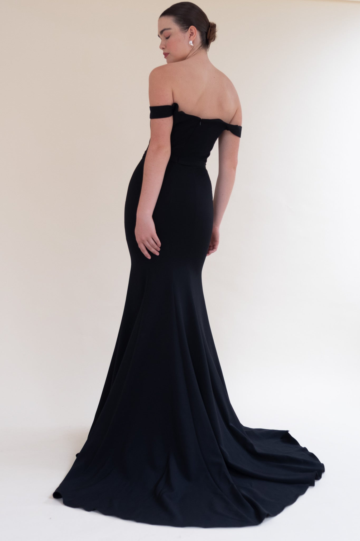 Scarlett Fashion Morigan gown in black with off-the-shoulder sleeves and lace bodice, pre-loved and available for resale as elegant sustainable occasionwear.