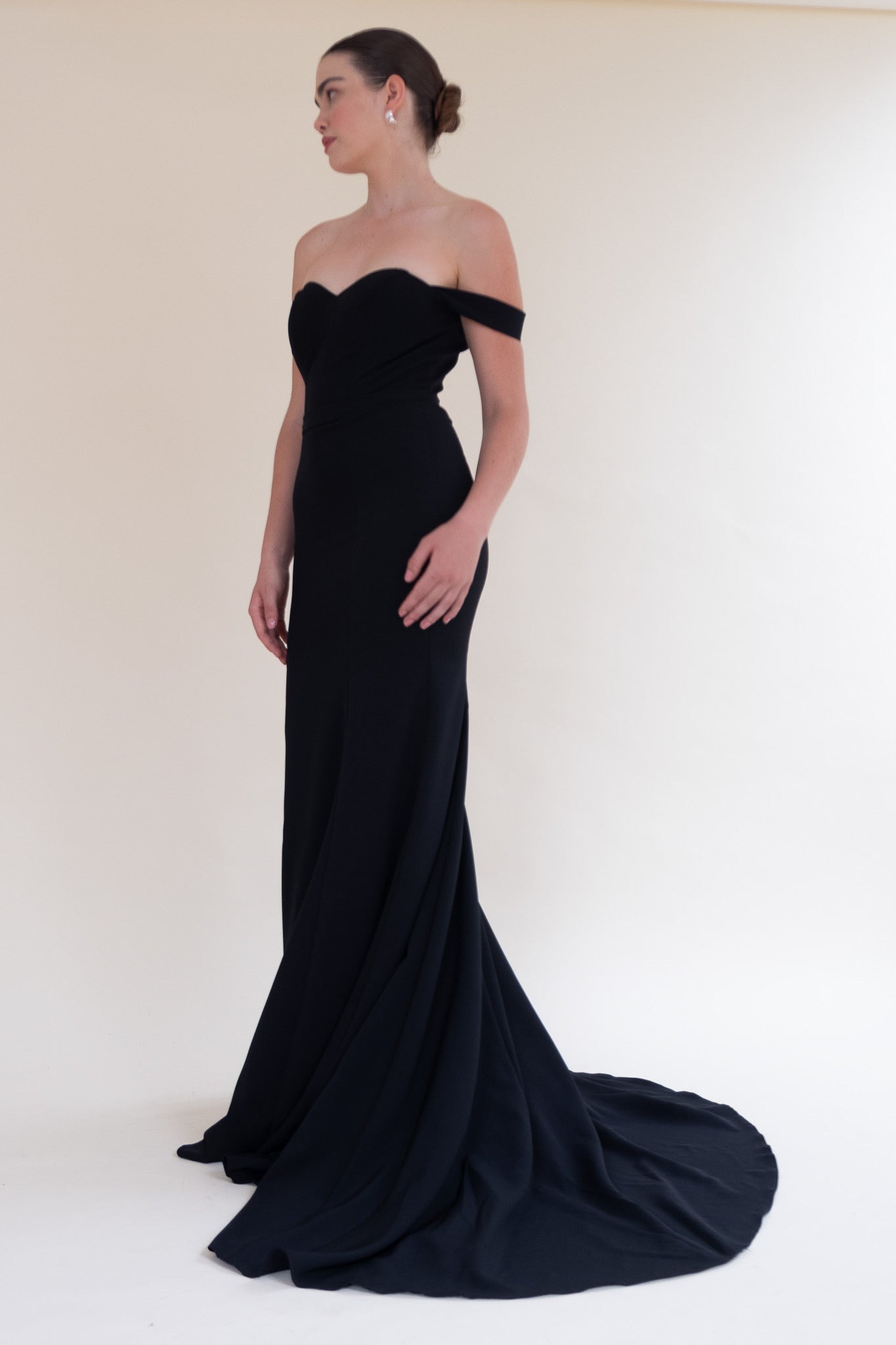 Scarlett Fashion Morigan gown in black with off-the-shoulder sleeves and lace bodice, pre-loved and available for resale as elegant sustainable occasionwear.