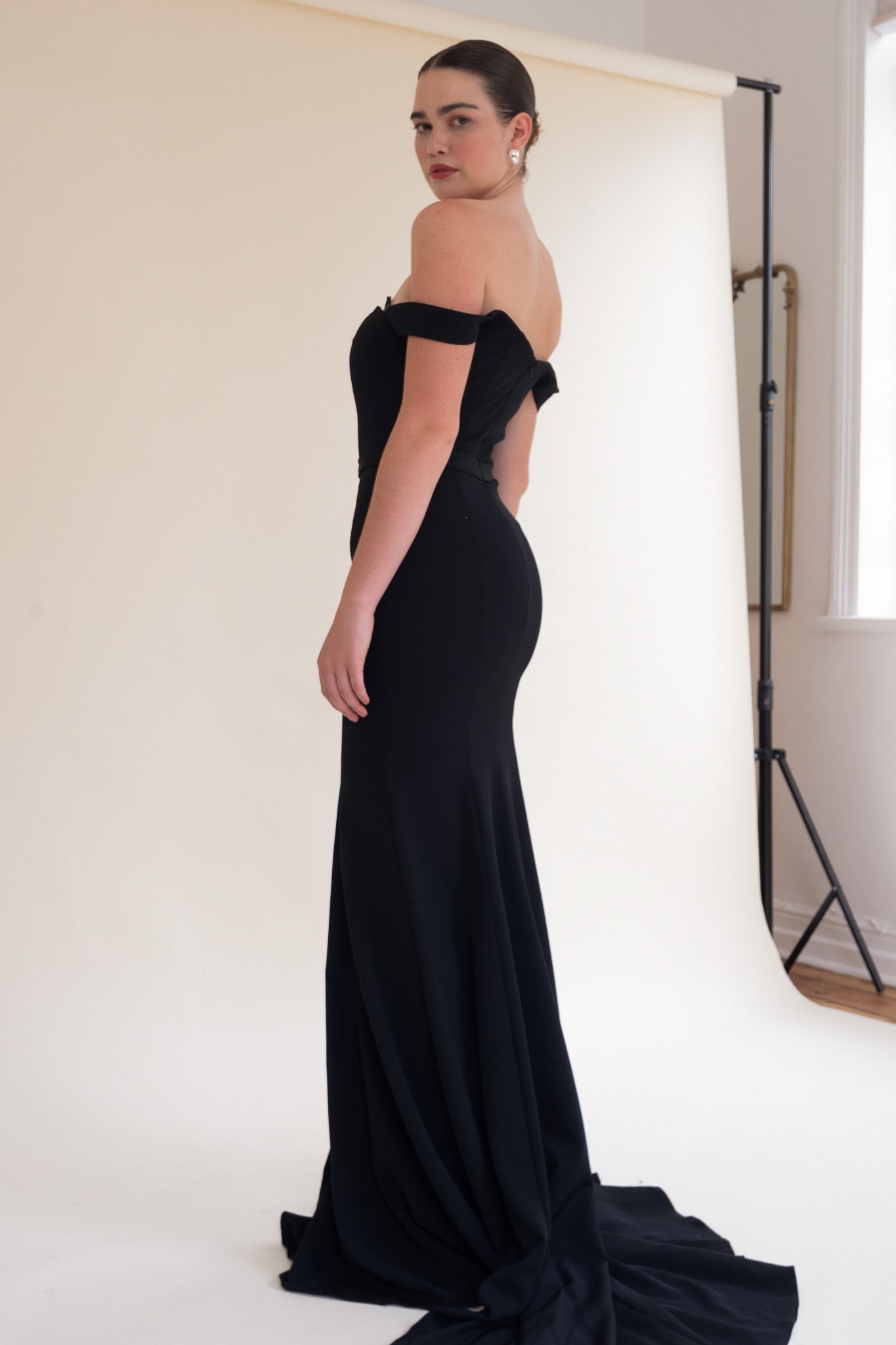 Scarlett Fashion Morigan gown in black with off-the-shoulder sleeves and lace bodice, pre-loved and available for resale as elegant sustainable occasionwear.