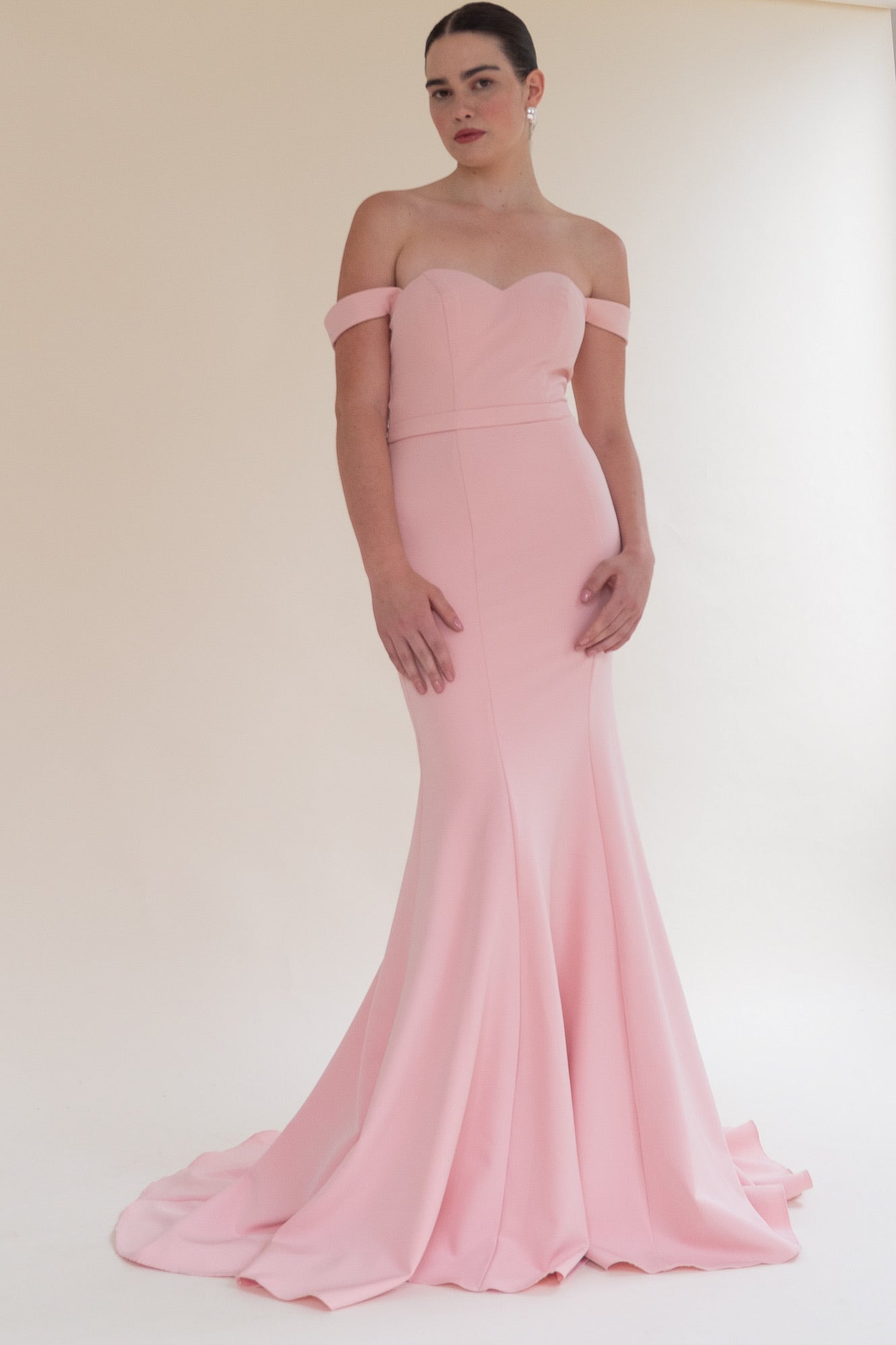 Scarlett Fashion gown in blush pink with off-the-shoulder sleeves and lace bodice, pre-loved and available for resale as elegant sustainable occasionwear.