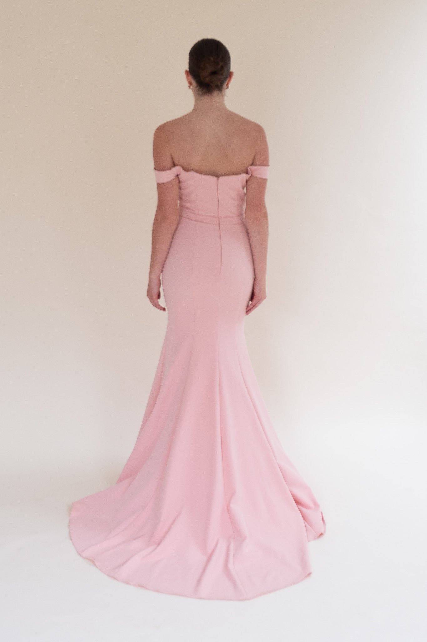 Scarlett Fashion Morigan gown in blush pink with off-the-shoulder sleeves and lace bodice, pre-loved and available for resale as elegant sustainable occasionwear.