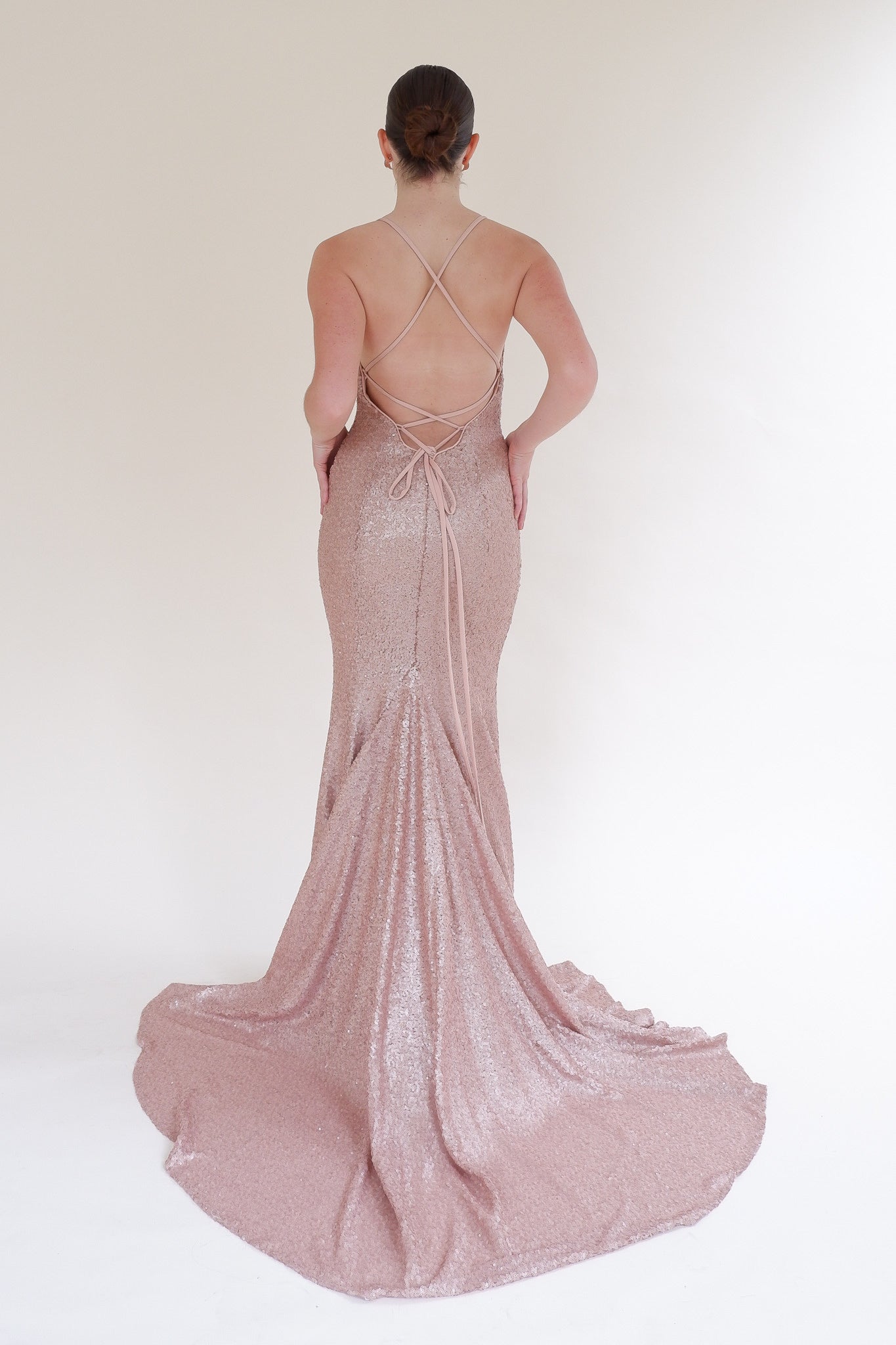 Scarlett Fashion Nesta rose gold sequin gown with lace-up back, pre-loved and available for resale as elegant sustainable occasionwear.