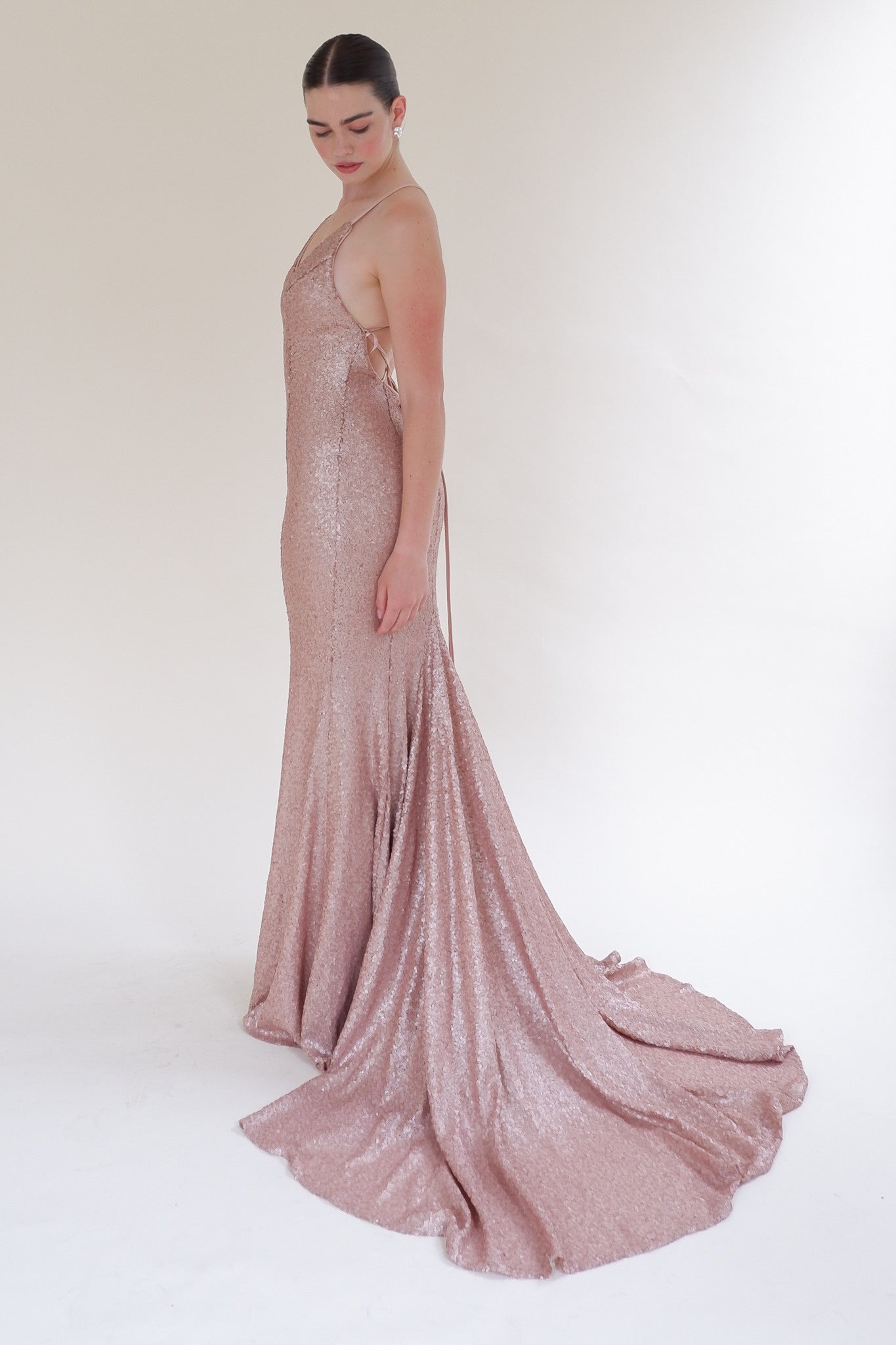 Scarlett Fashion Nesta rose gold metallic sequin gown with lace-up back, pre-loved and available for resale as elegant sustainable occasionwear.