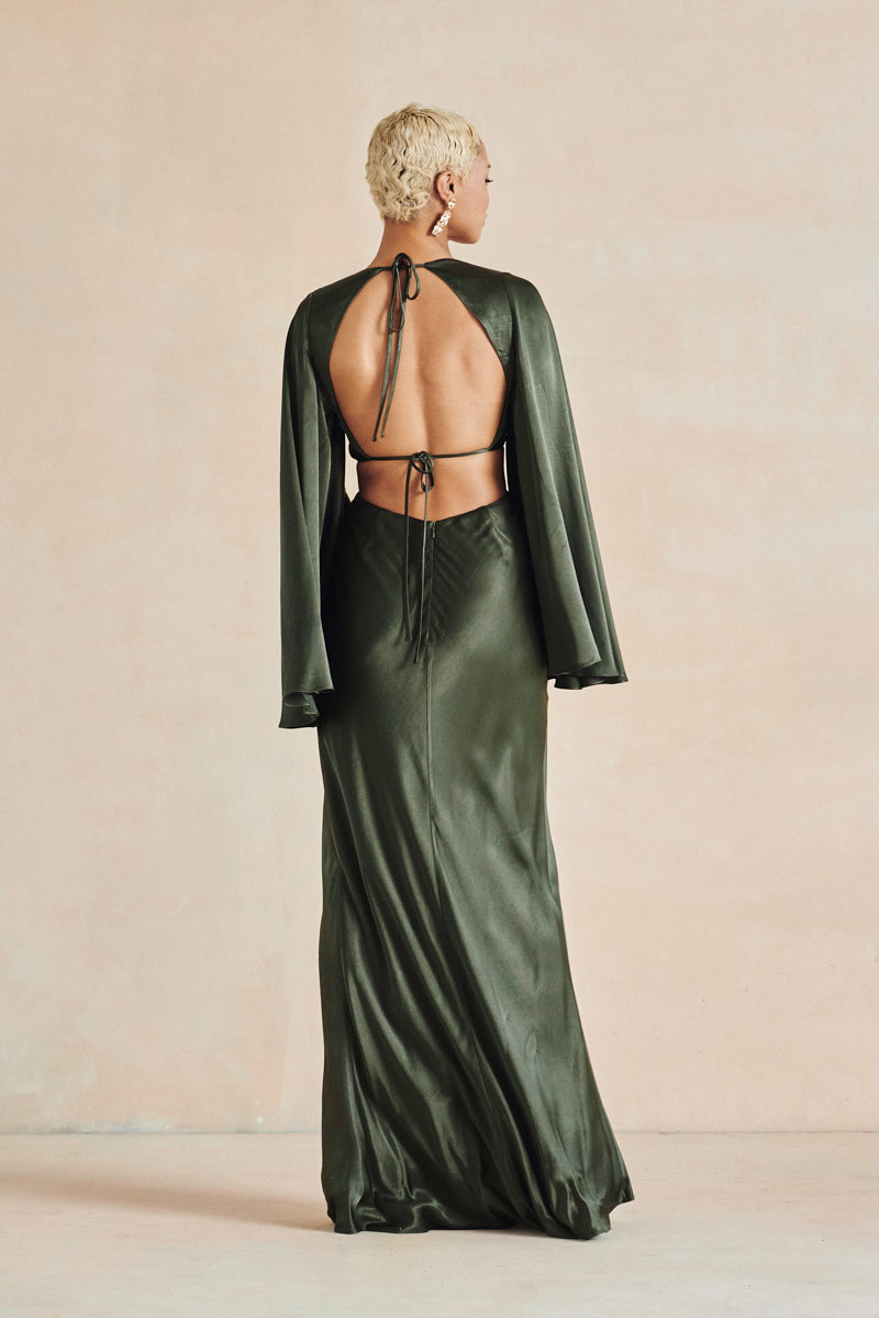 Shona Joy black maxi dress with plunging V-neckline, flared sleeves, and open back with tie details, pre-loved and available for resale as elegant sustainable occasionwear.
