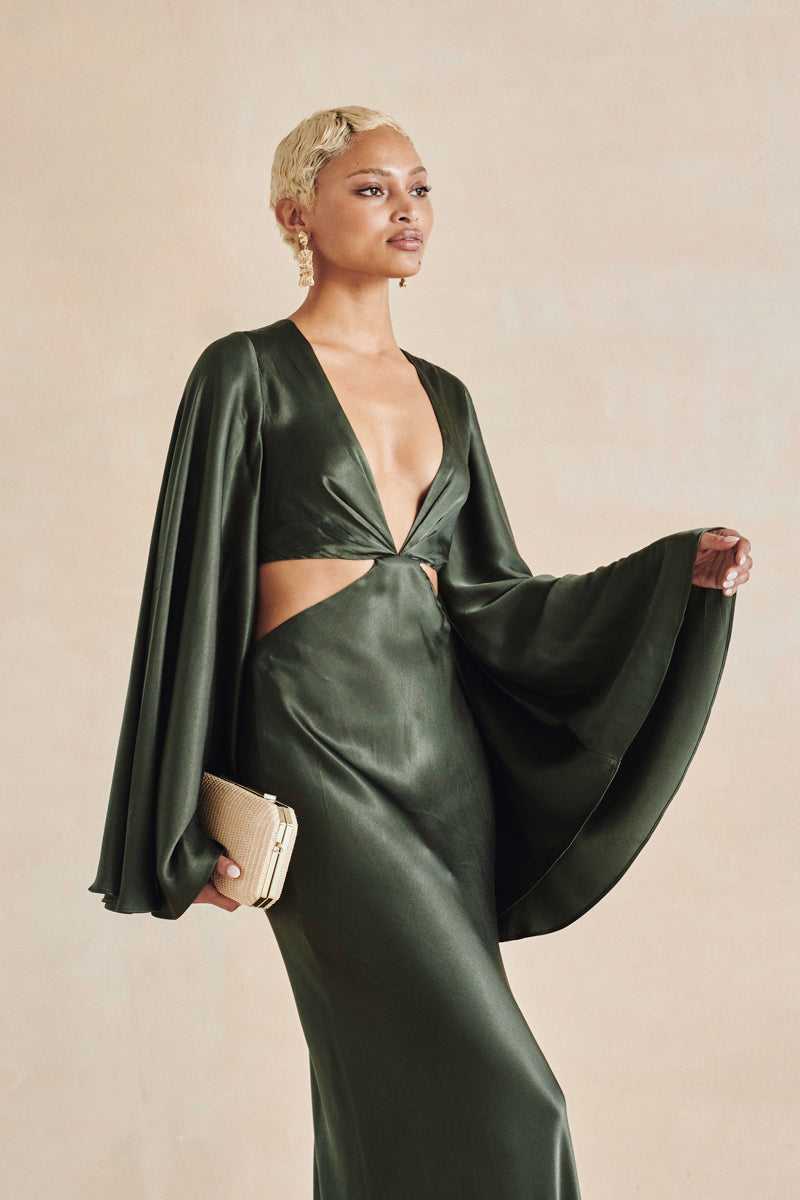 Shona Joy black maxi dress with plunging V-neckline, flared sleeves, and open back with tie details, pre-loved and available for resale as elegant sustainable occasionwear.