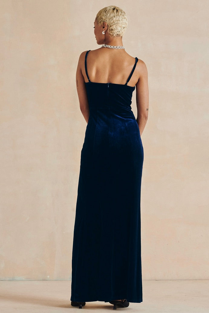 Back view of velvet maxi dress