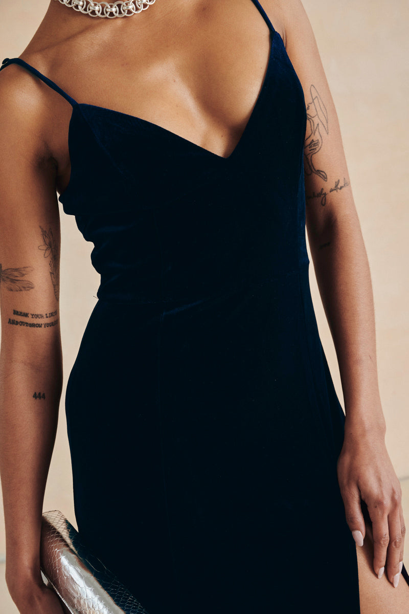 Close-up view of fabric in navy blue