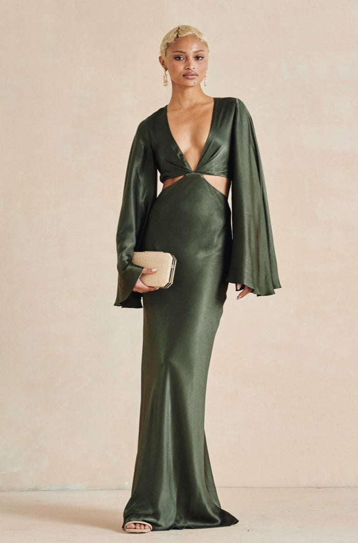 Shona Joy black maxi dress with plunging V-neckline, flared sleeves, and open back with tie details, pre-loved and available for resale as elegant sustainable occasionwear.