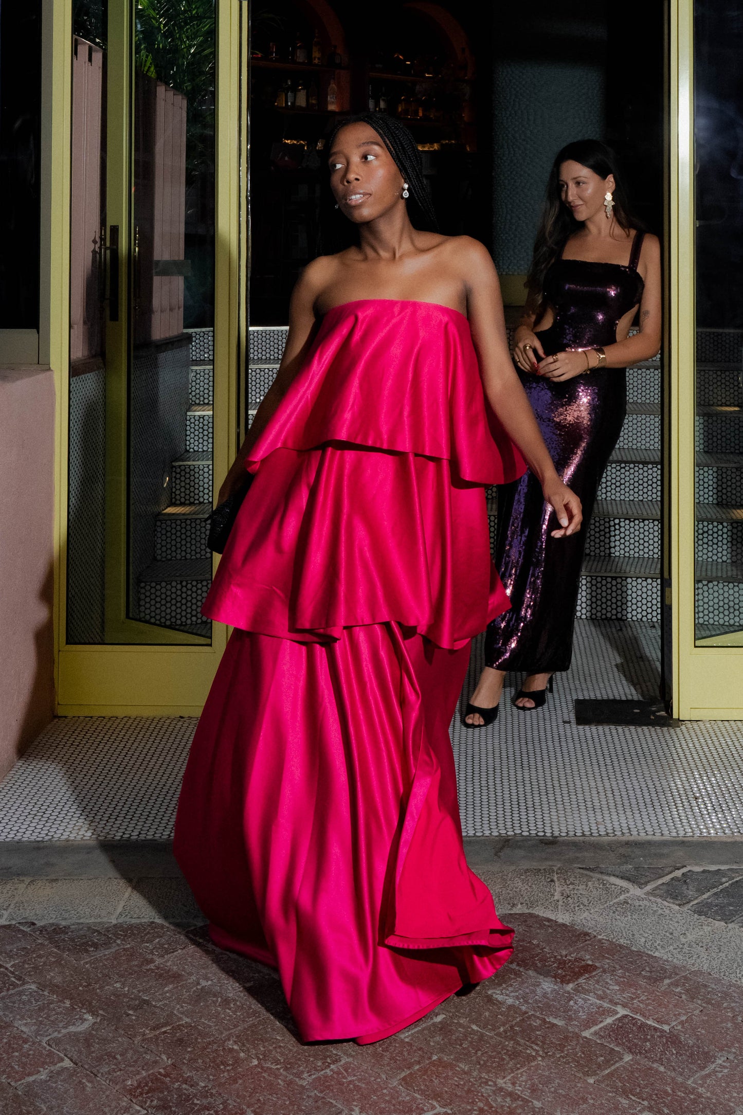 The Sonnet Mini Dress by SR | Poetry – a luxurious cherry red liquid sateen mini dress with corset boning and detachable bow. Perfect for formal occasions. Rent now.