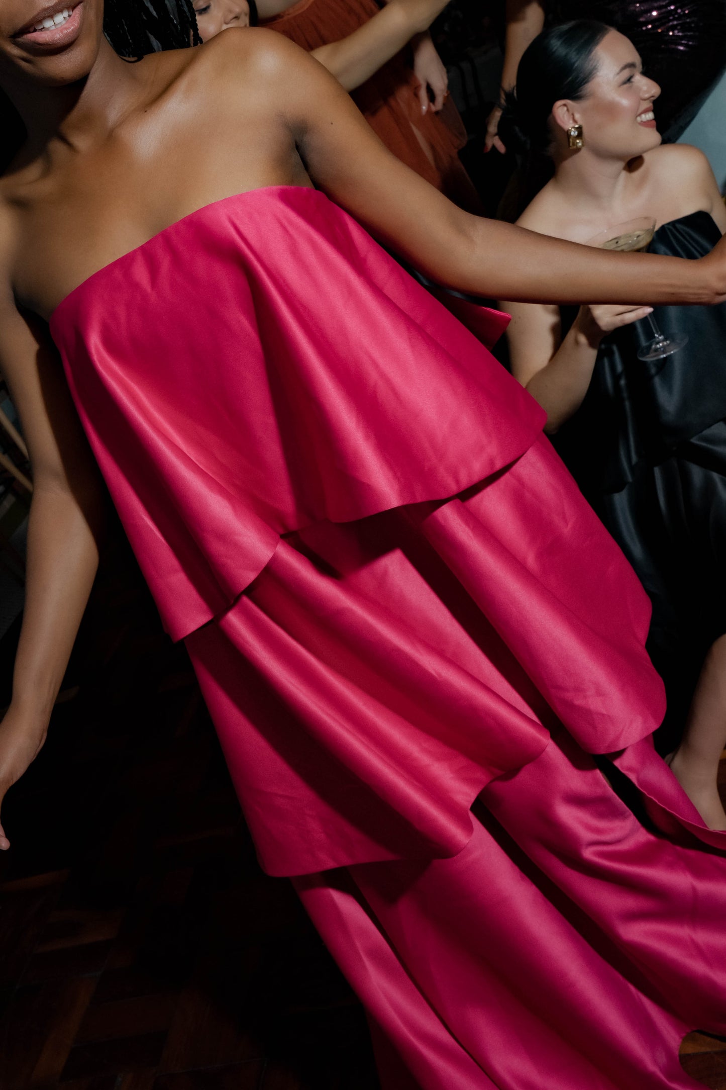 The Sonnet Mini Dress by SR | Poetry – a luxurious cherry red liquid sateen mini dress with corset boning and detachable bow. Perfect for formal occasions. Rent now.