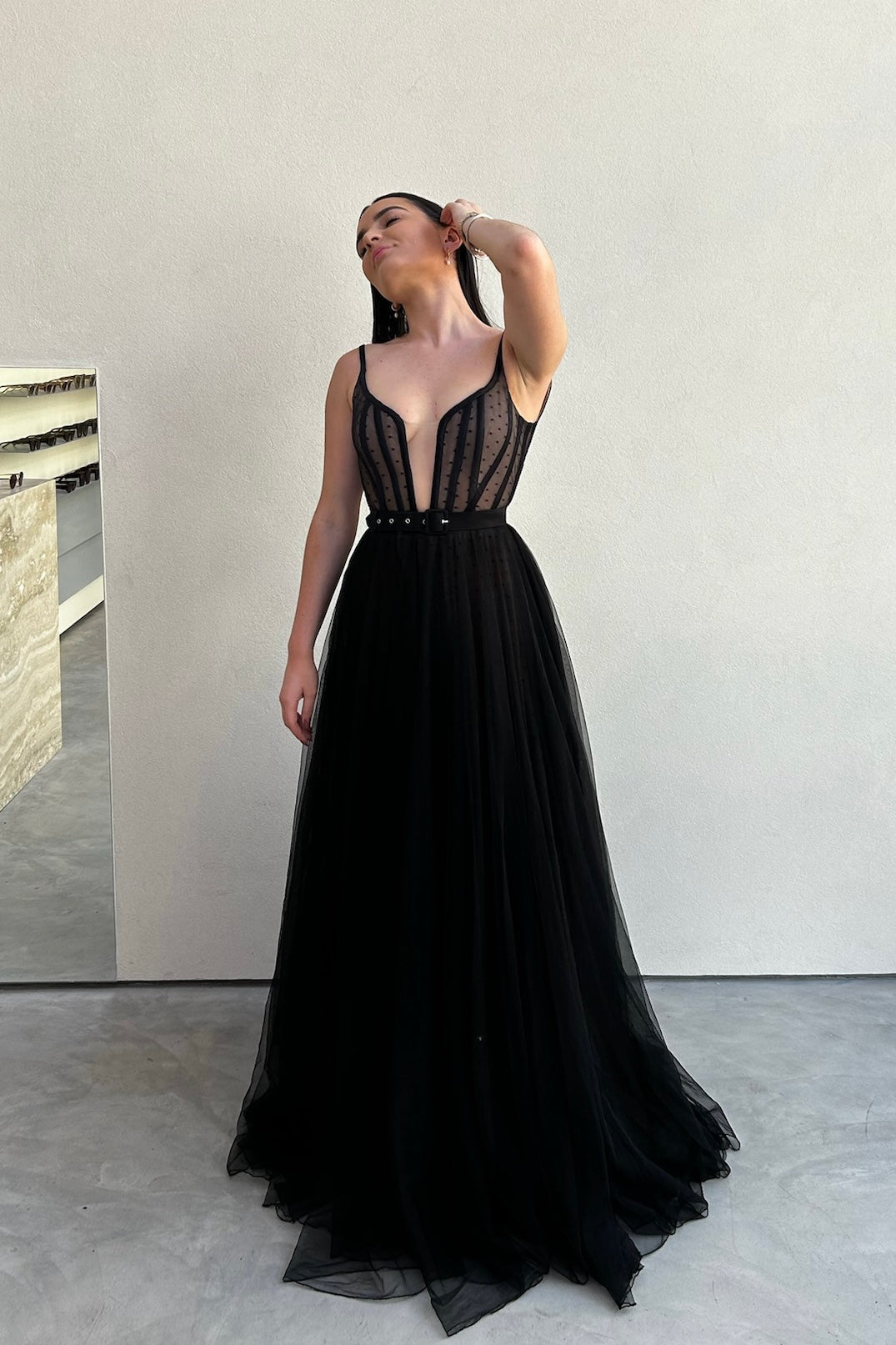 The Lucea Gown by Stephen Van Eeden – a dramatic black one-shoulder tulle gown perfect for formal occasions. Elegant, timeless, and available now.