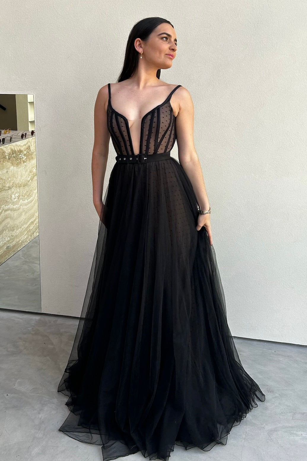 The Lucea Gown by Stephen Van Eeden – a dramatic black one-shoulder tulle gown perfect for formal occasions. Elegant, timeless, and available now.
