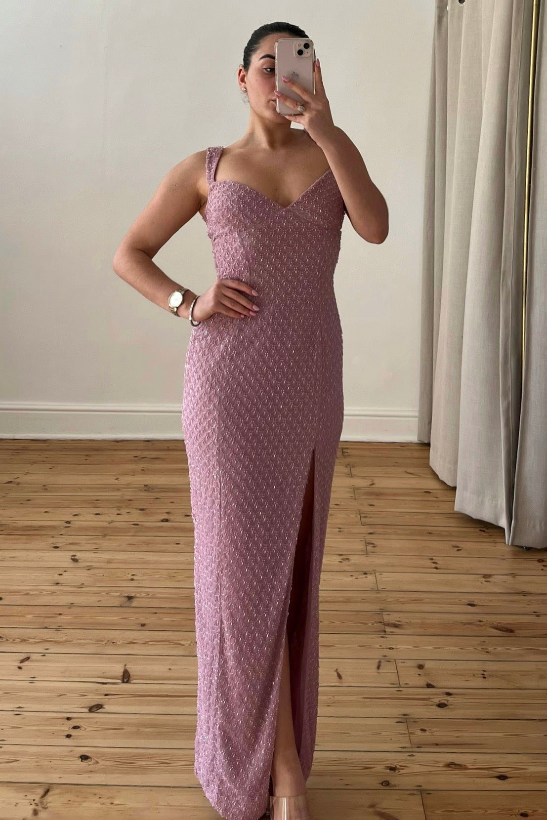 Oh Polly the Solange Dress in lilac, – an embellished gown with a sweet-heart neckline and open back. Elegant, versatile, and available for rental.