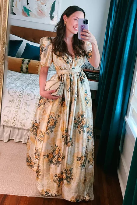 The Aurora Puff-Sleeve Taffeta Maxi Dress