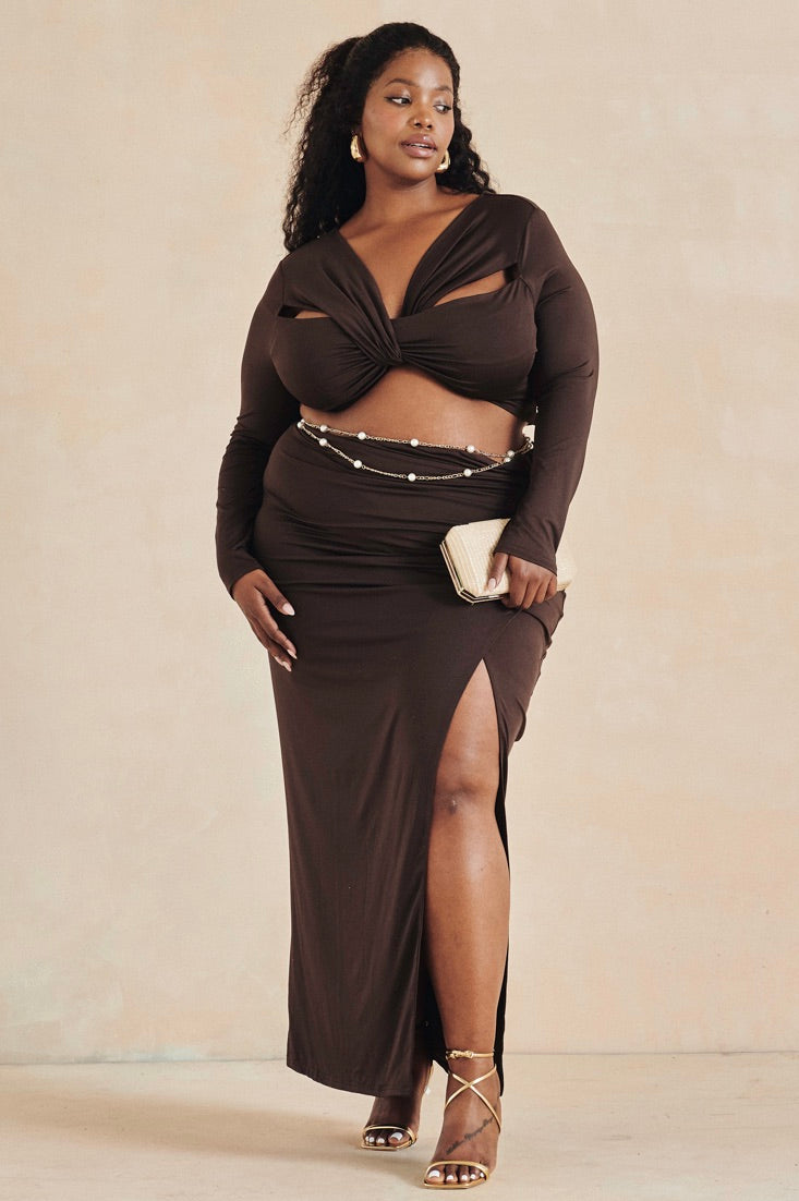 BROWN two-piece set featuring a long-sleeve crop top with cut-out detail and a mock wrap midaxi skirt, pre-loved and available for resale as elegant sustainable occasionwear.