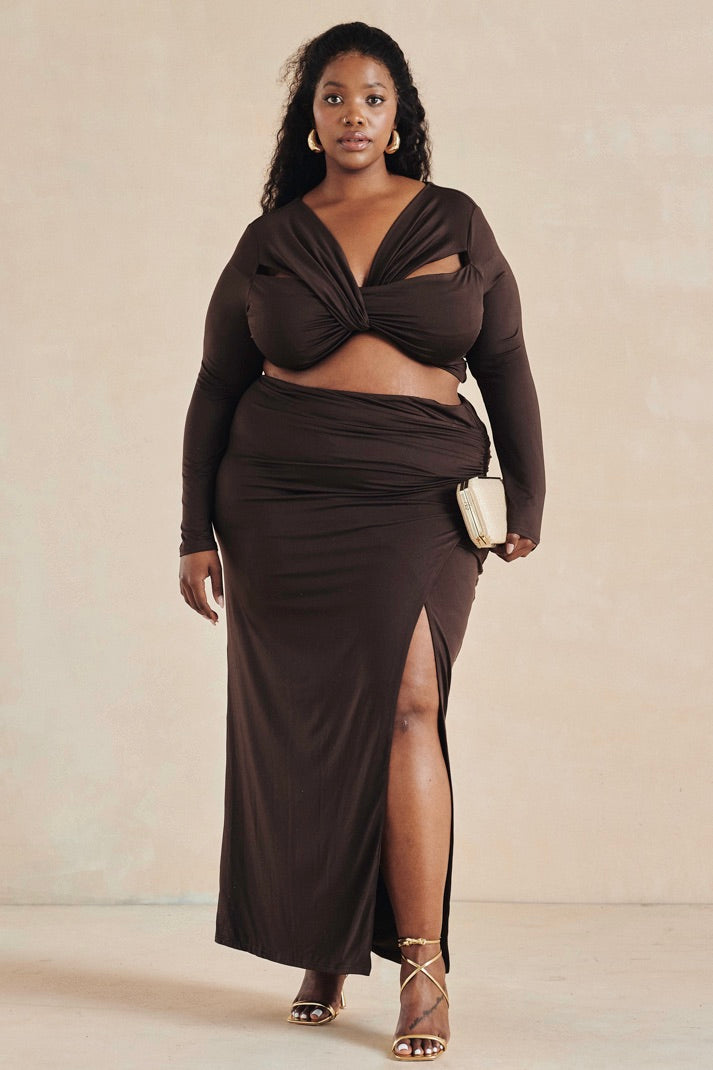 BROWN two-piece set featuring a long-sleeve crop top with cut-out detail and a mock wrap midaxi skirt, pre-loved and available for resale as elegant sustainable occasionwear.