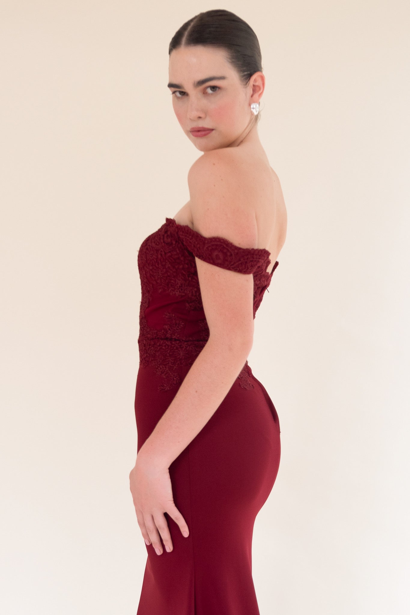 Wine red Scarlett Fashion floor-length gown with lace bodice, pre-loved and available for resale as elegant sustainable occasionwear.