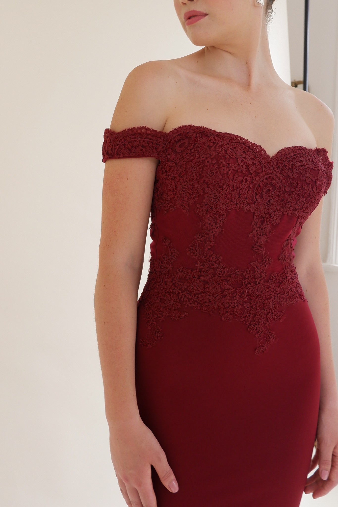 Wine red Scarlett Fashion floor-length gown with lace bodice, pre-loved and available for resale as elegant sustainable occasionwear.