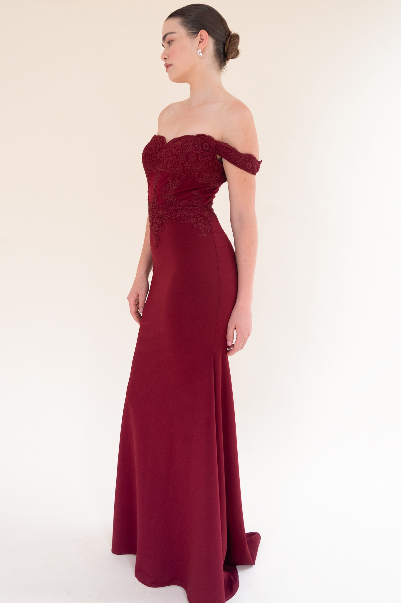 Wine red Scarlett Fashion floor-length gown with lace bodice, pre-loved and available for resale as elegant sustainable occasionwear.