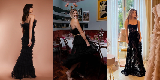 Black formal dresses styled in different settings showcasing modern silhouettes and statement evening fashion.