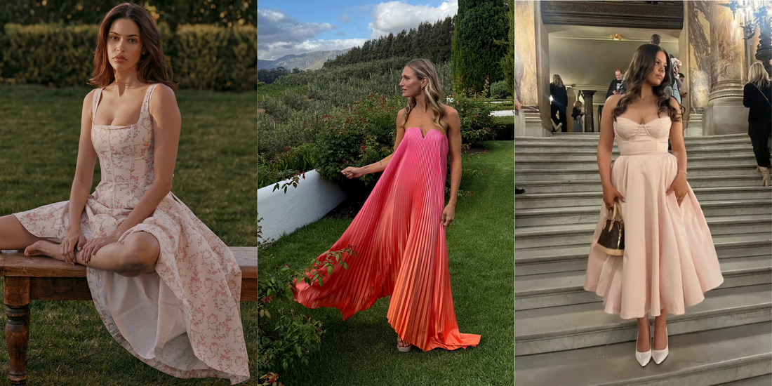 Collage of elegant pink and coral gowns showcasing dress hire in Durban for weddings and special occasions.