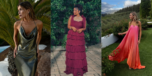 Backup dress collection featuring metallic satin, tiered burgundy and pleated coral designer dresses for special occasions.