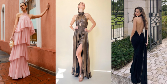 Three elegant evening looks showing how to rent a dress for weddings, formal events and special occasions.