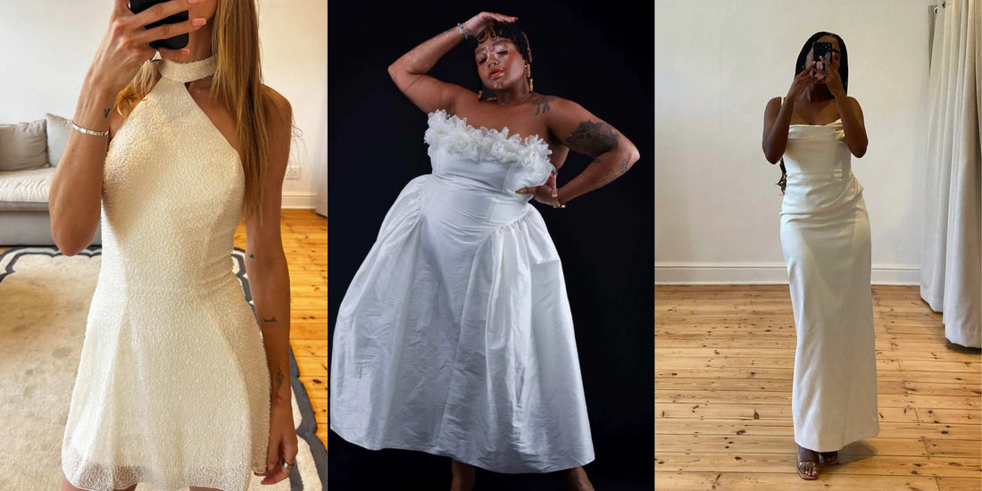 Three women wearing elegant white dress styles available to rent from Style Rotate for graduations, parties and special occasions