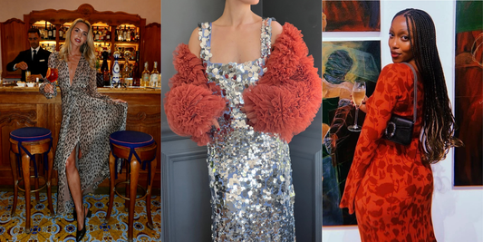 Winter wedding guest dresses in leopard print, sequin embellishments and bold red designs for elegant seasonal celebrations.