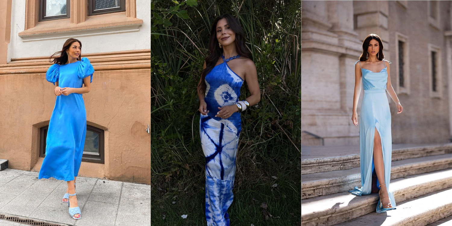 Blue dresses for women featuring elegant designer styles for formal events and special occasions.