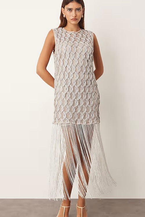Lattice Grid Mini with fringe hem in Metallic - Resale