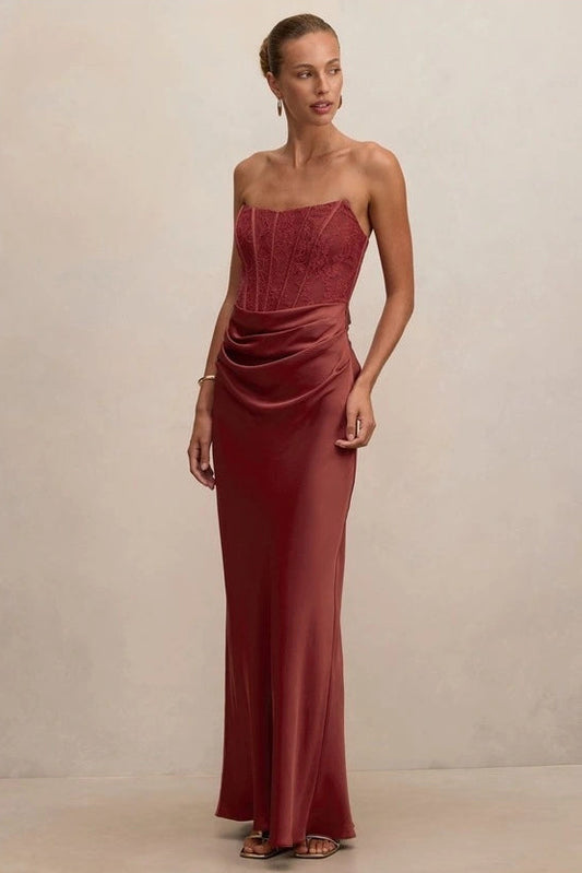 The Ivy Lace Corset Maxi Dress in Rust