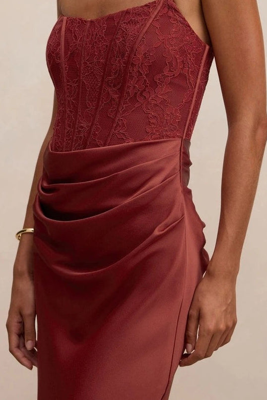The Ivy Lace Corset Maxi Dress in Rust