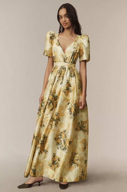 The Aurora Puff-Sleeve Taffeta Maxi Dress
