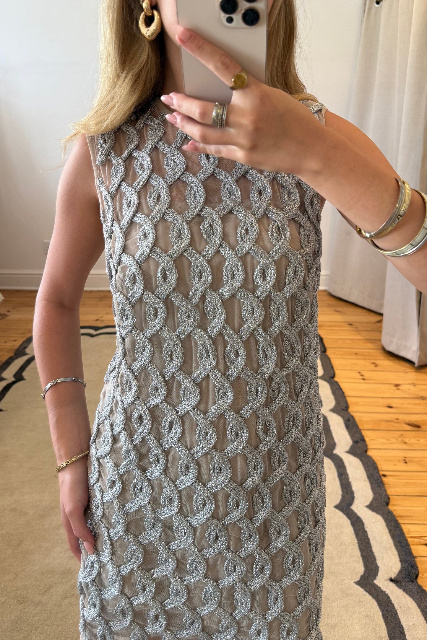 Lattice Grid Mini with fringe hem in Metallic - Resale