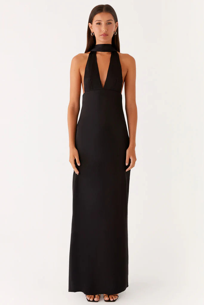 The Alicia Satin Halter Maxi Dress | Peppermayo