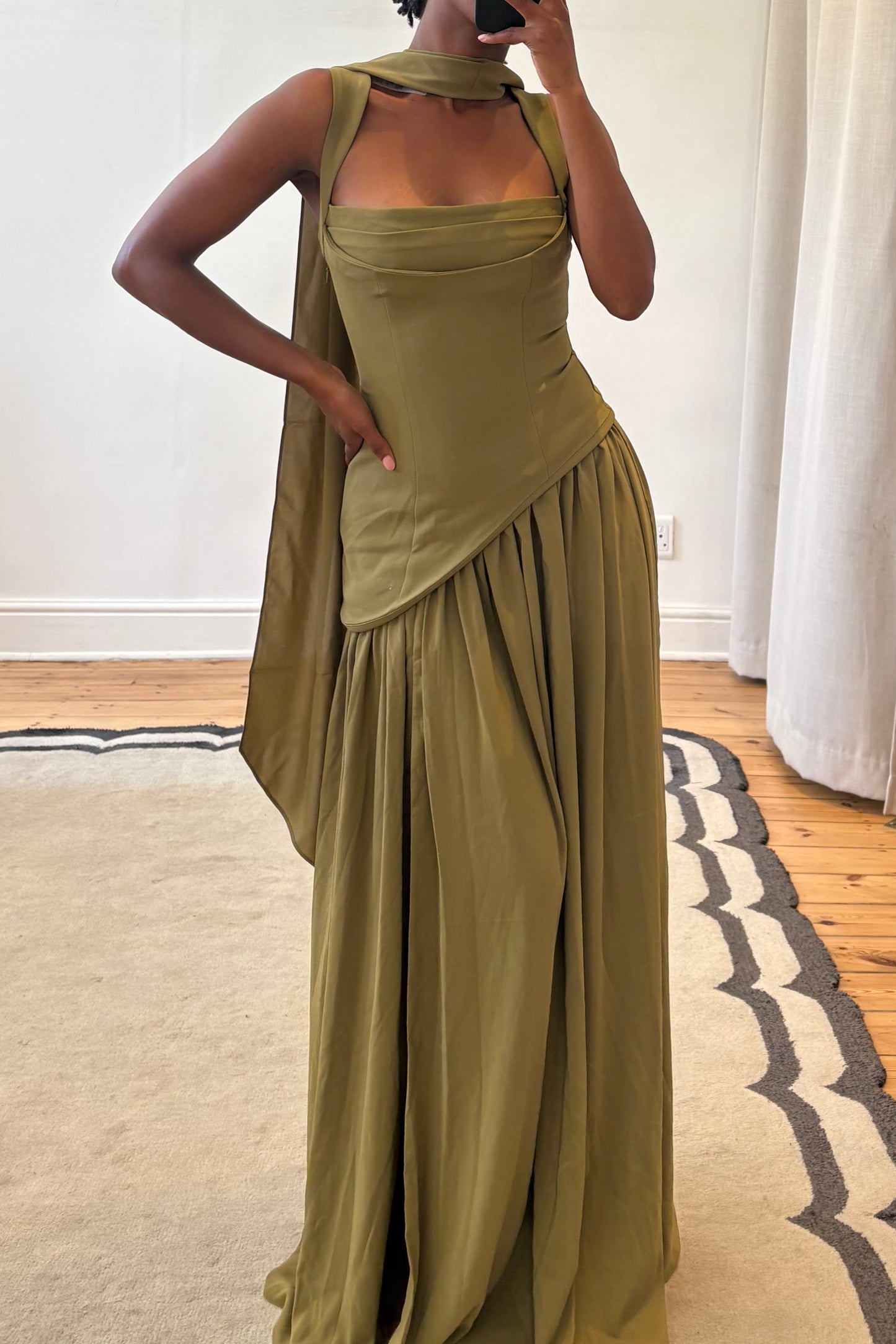 green formal dress front view showing elegant full length design