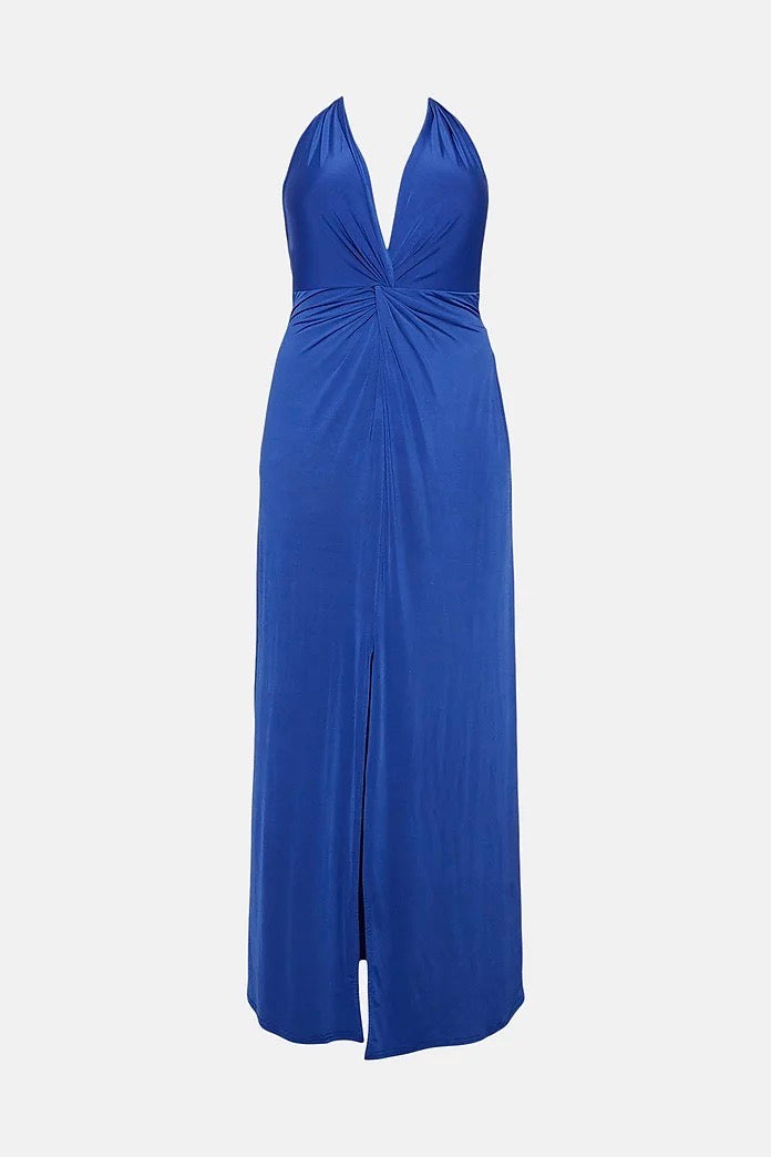 Cobalt-blue halter-neck maxi dress with front twist detail and thigh-high slit, perfect for formal occasions or evening events