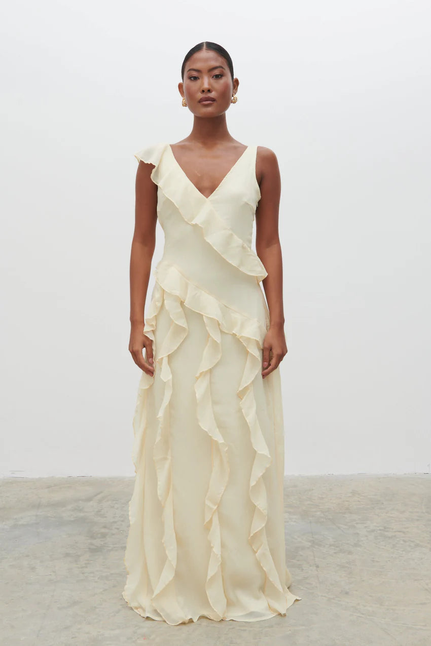 Faye Ruffle Maxi Dress in Butter Yellow
