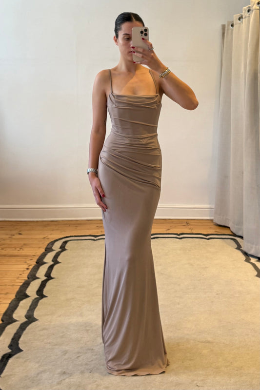 The Milena Corset Maxi Dress in Brown