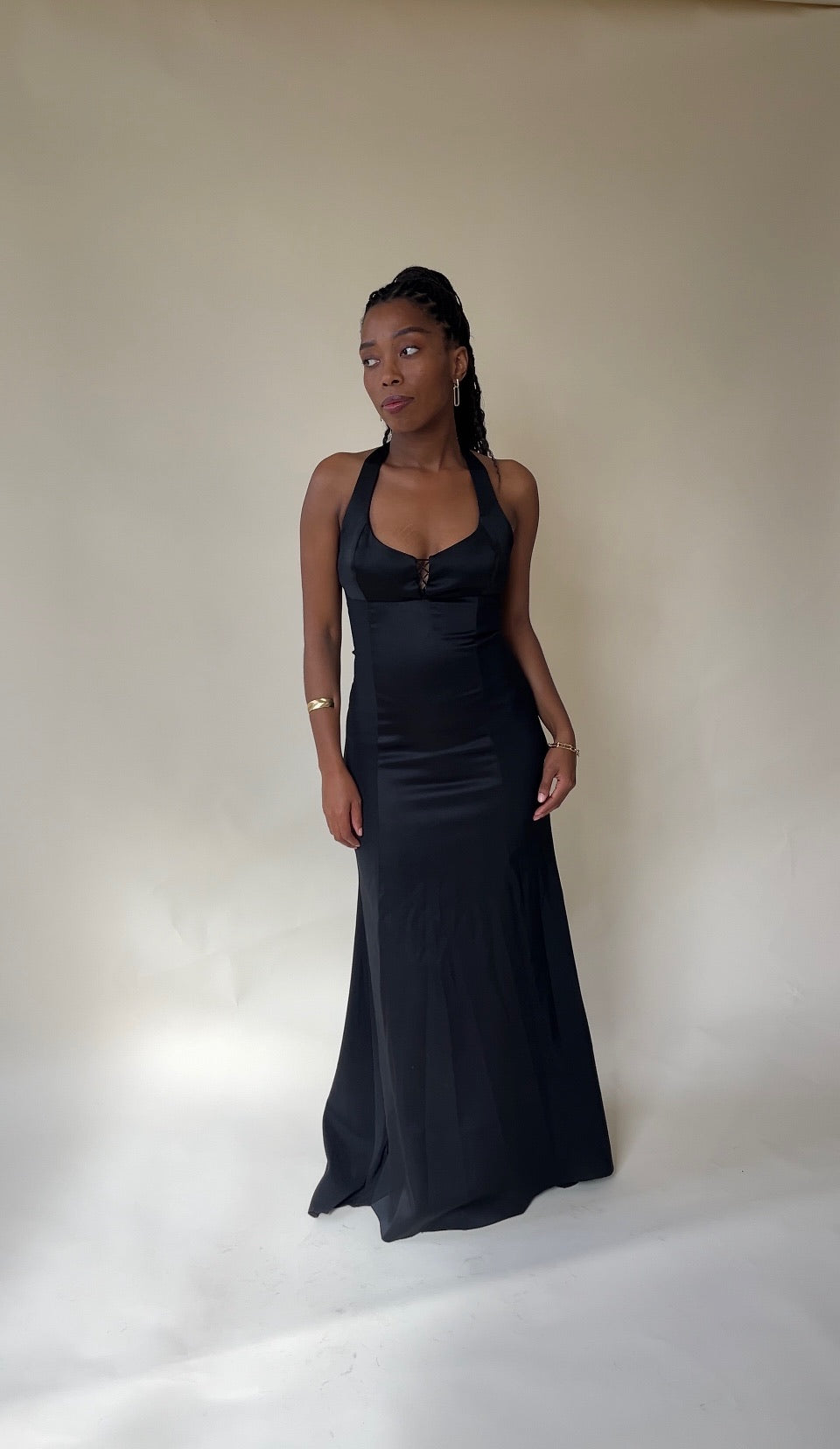 The Vintage Satin Halter Gown in black – view 5