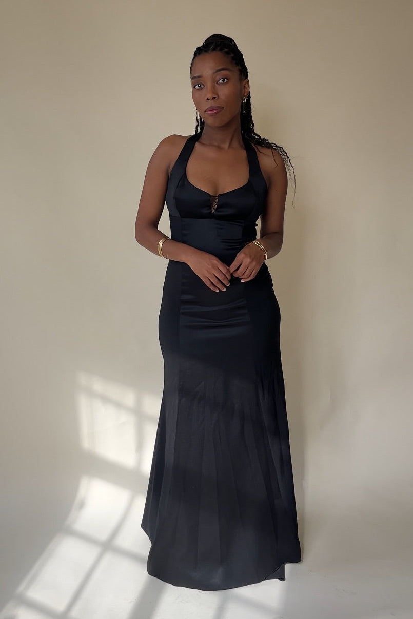 The Vintage Satin Halter Gown in black – view 8