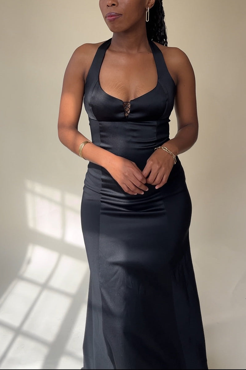 The Vintage Satin Halter Gown in black – view 3